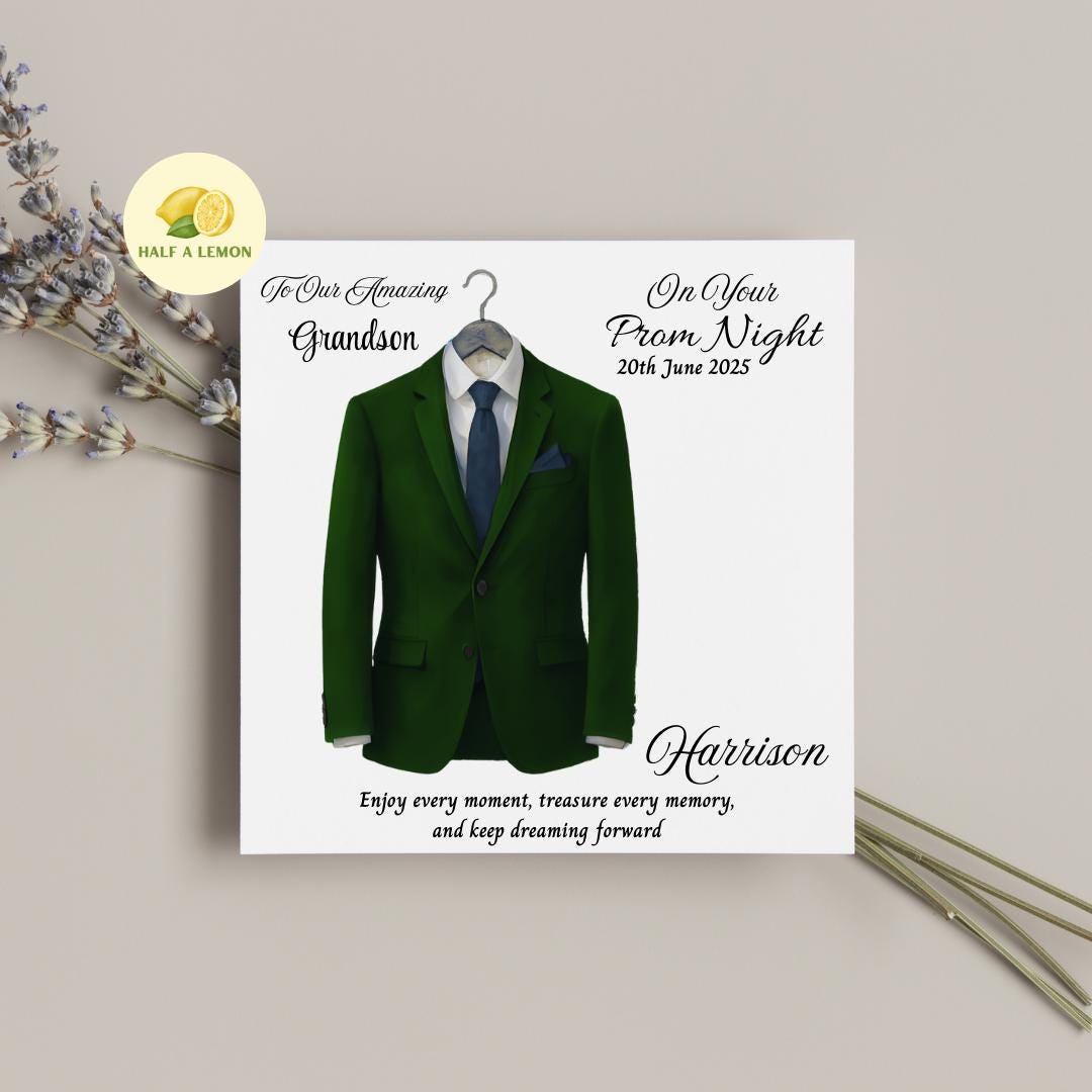 Personalised Prom Card for Grandson, Son Prom Card, Prom Card for Nephew, Emerald Green Suit, Navy Tie, Boyfriend, Prom Gift, Prom Night,
