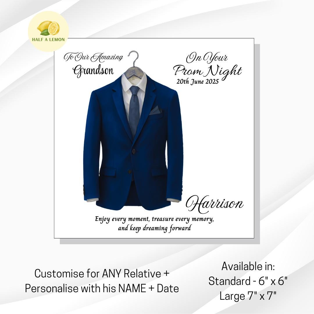 Prom Card for Son, Personalised Son Prom Card, Prom Card for Grandson, Parliament Blue Suit, Gold Tie, Prom Gift, Prom Night,