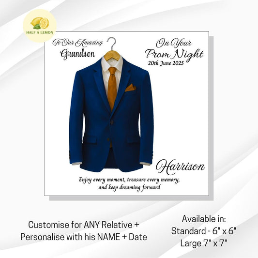 Prom Card for Son, Personalised Son Prom Card, Prom Card for Grandson, Parliament Blue Suit, Gold Tie, Prom Gift, Prom Night,