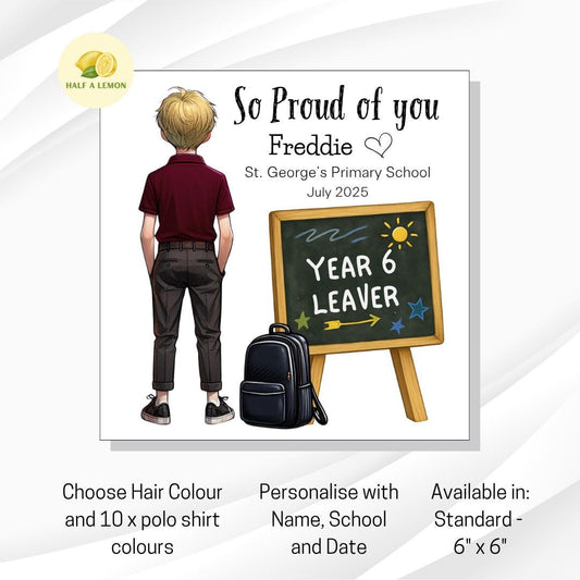 Year 6 Leaver Personalised Card, Burgundy Top, Blonde hair, Add Name, School + date, hair colour/uniform options, End of Term Gift for Boy,