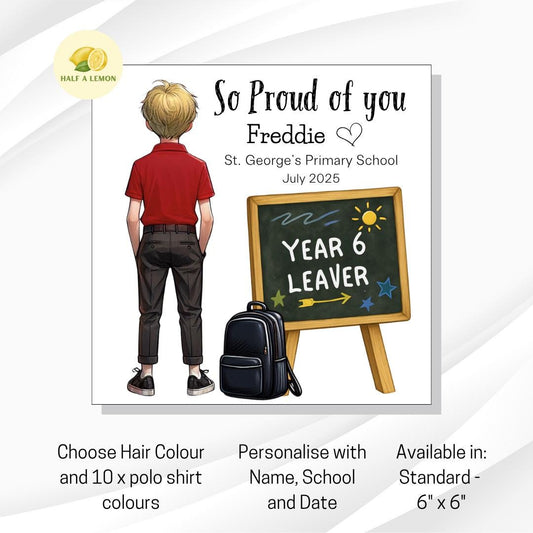 Year 6 Leaver Personalised Card, Red Top, Blonde hair, Add Name, School + date, hair colour/uniform options, End of Term Gift for Boy,