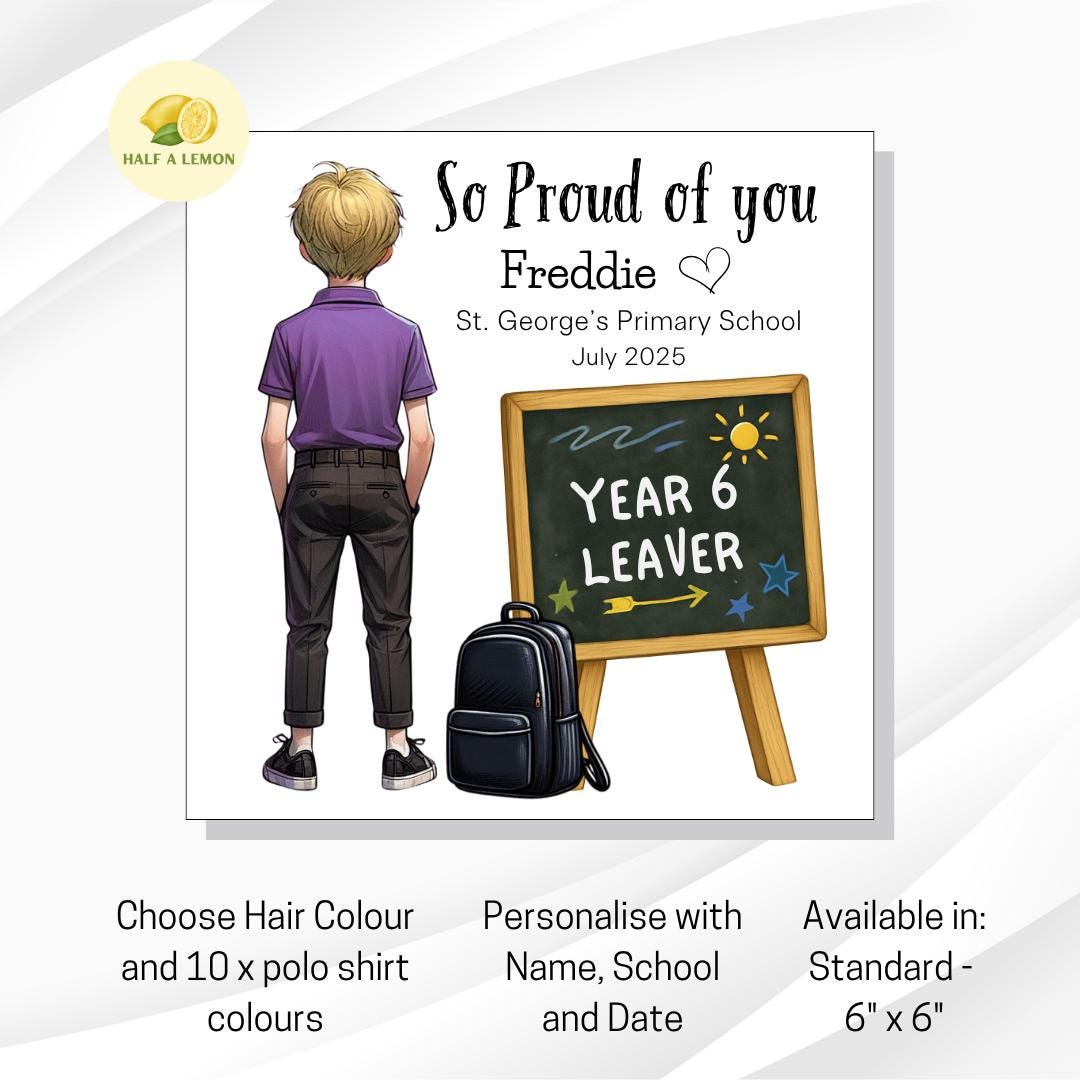 Year 6 Leaver Personalised Card, Purple Top, Blonde hair, Add Name, School + date, hair colour/uniform options, End of Term Gift for Boy,