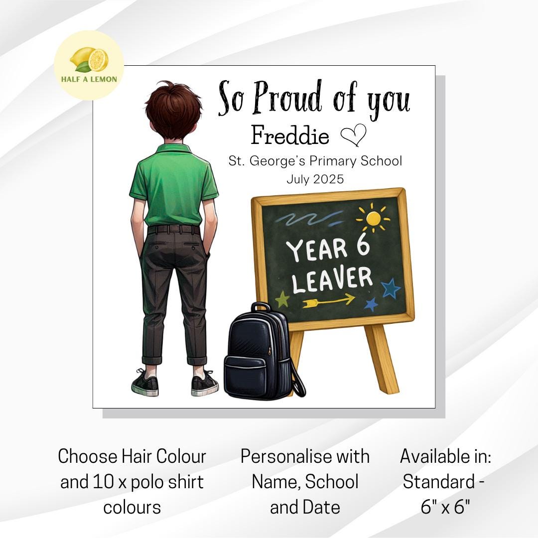 Year 6 Leaver Personalised Card, Green Top, Brown hair, Add Name, School + date, hair colour/uniform options, End of Term Gift for Boy,