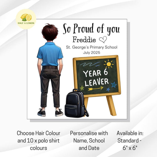 Year 6 Leaver Personalised Card, Light Blue Top, Brown hair, Add Name, School + date, hair colour/uniform options, End of Term Gift for Boy,