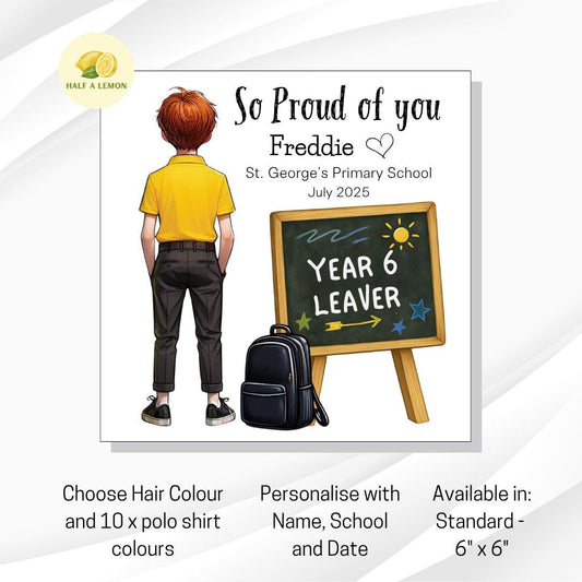 Year 6 Leaver Personalised Card, Yellow Top, Red Auburn hair, Add Name, School + date, hair colour/uniform options, End of Term Gift for Boy