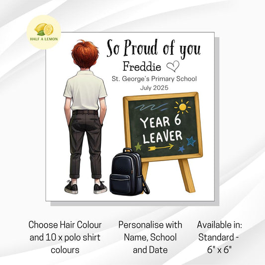 Year 6 Leaver Personalised Card, White Top, Red Auburn hair, Add Name, School + date, hair colour/uniform options, End of Term Gift for Boy,