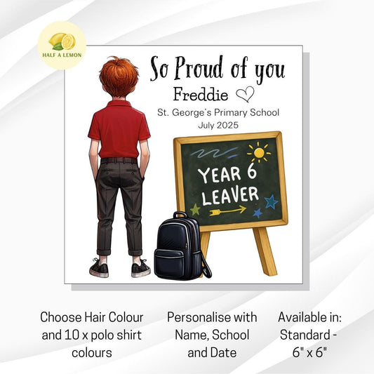 Year 6 Leaver Personalised Card, Red Top, Red Auburn hair, Add Name, School + date, hair colour/uniform options, End of Term Gift for Boy,
