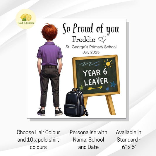 Year 6 Leaver Personalised Card, Purple Top, Red Auburn hair, Add Name, School + date, hair colour/uniform options, End of Term Gift for Boy