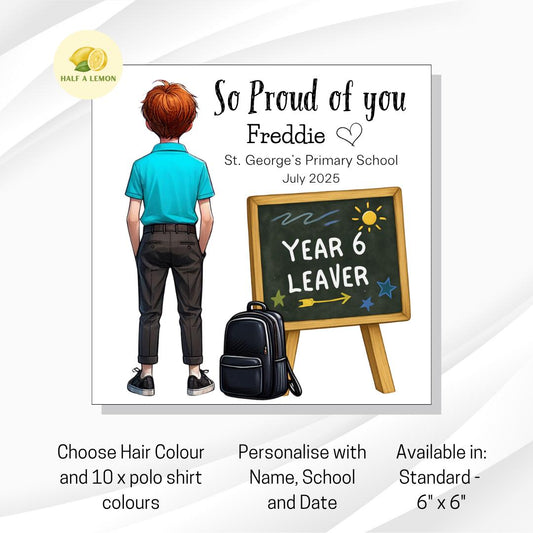 Year 6 Leaver Personalised Card, Turquoise Top, Red Auburn hair, Add Name, School + date, hair colour/uniform options, End of Term Gift