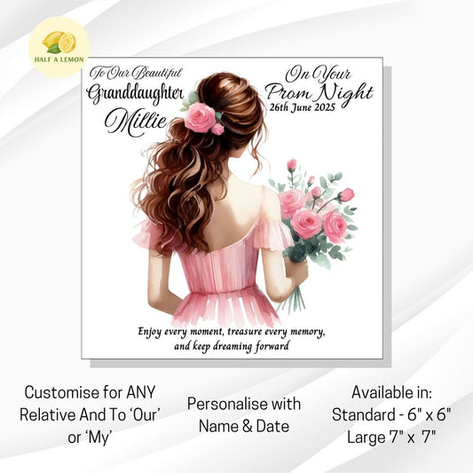 Prom Card for Daughter, Personalised Granddaughter Prom Card, for Niece, Pink Prom Dress, Choose Hair Colour, Prom Gift, Prom Night