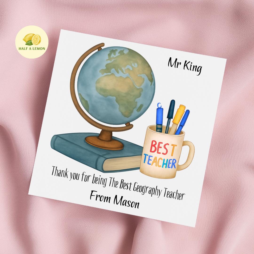 Teacher Thank You Card, Personalised Thank You Geography Teacher Card, Senior School, High School, Secondary School Add Teacher + Pupil Name
