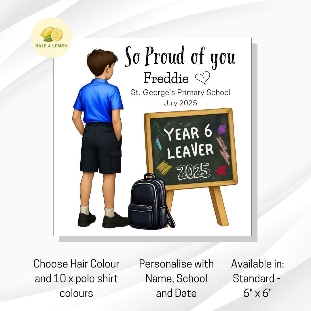Year 6 Leaver Personalised Card, Choose Hair Colour and Polo Top Colour, Add his Name and School Name, End of Term Gift for Boy, Red Top,