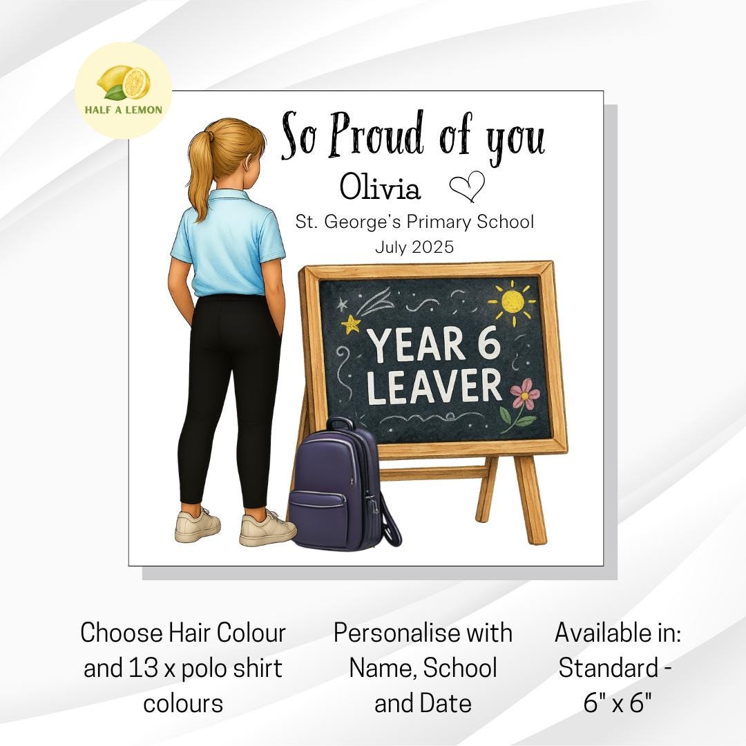 Year 6 Leavers Card, Personalised Year 6 Card, End of Term Gift for Girl, Primary School Leaver, Junior School, Pick Polo Top + Hair Colour,