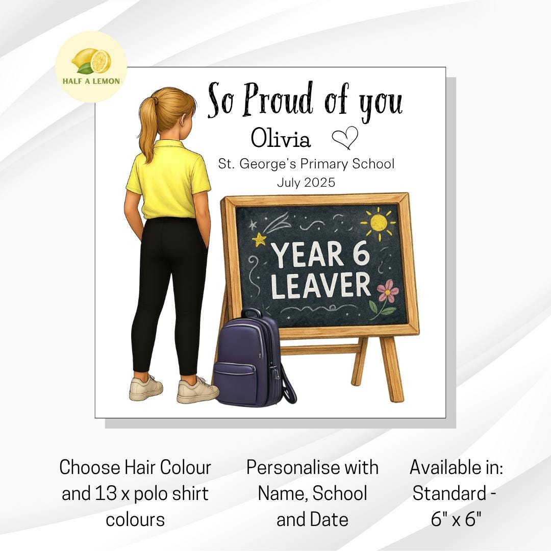 Year 6 Leavers Card, Personalised Year 6 Card, End of Term Gift for Girl, Primary School Leaver, Junior School, Pick Polo Top + Hair Colour,