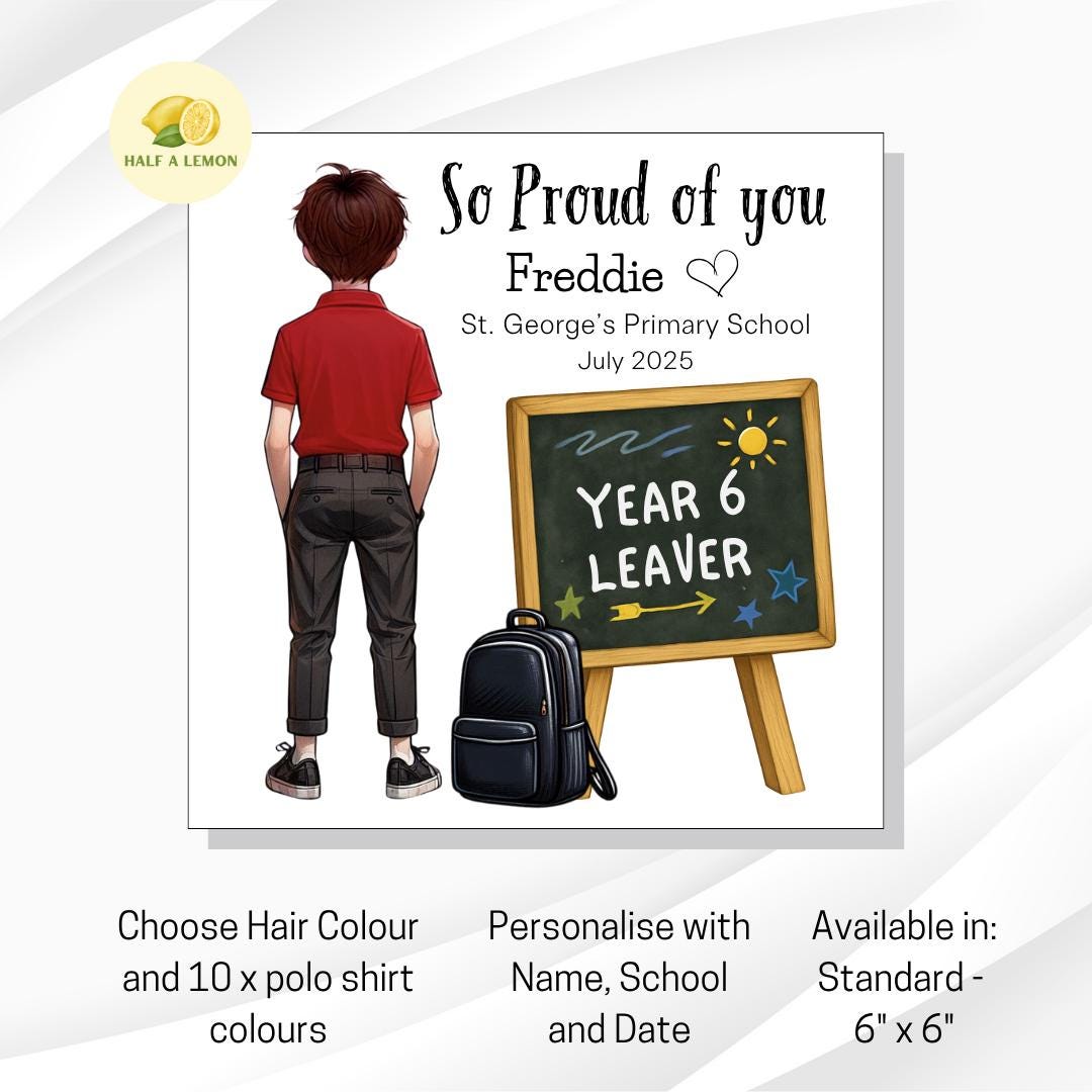 Year 6 Leaver Personalised Card, Green Top, Brown hair, Add Name, School + date, hair colour/uniform options, End of Term Gift for Boy,