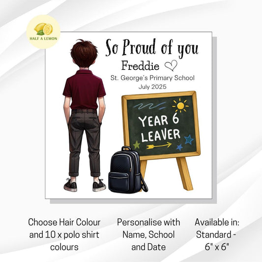 Year 6 Leaver Personalised Card, Burgundy, Top, Brown hair, Add Name, School + date, hair colour/uniform options, End of Term Gift for Boy,
