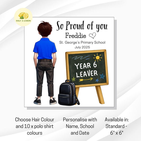 Year 6 Leaver Personalised Card, Royal Blue Top, Brown hair, Add Name, School + date, hair colour/uniform options, End of Term Gift for Boy,