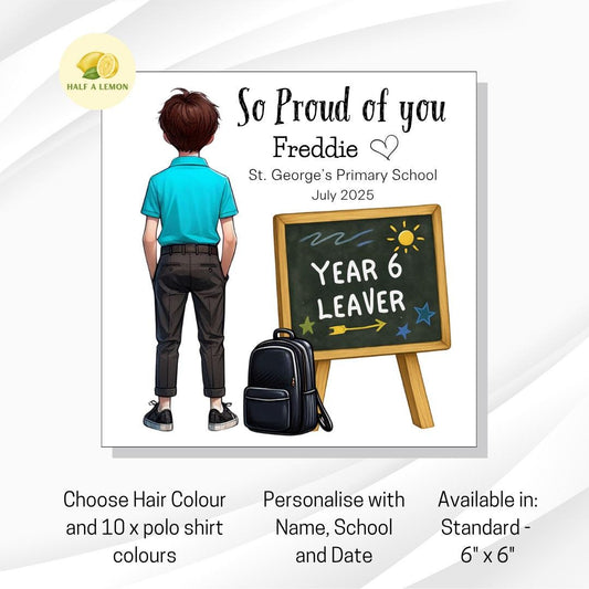 Year 6 Leaver Personalised Card, Turquoise Top, Brown hair, Add Name, School + date, hair colour/uniform options, End of Term Gift for Boy,