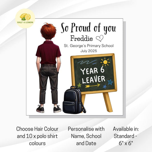 Year 6 Leaver Personalised Card, Burgundy Top, Red Auburn hair, Add Name, School + date, hair colour/uniform options, End of Term Gift Boy,