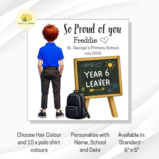 Year 6 Leaver Personalised Card, Royal Blue Top, Red Auburn hair, Add Name, School + date, hair colour/uniform options, End of Term Gift,