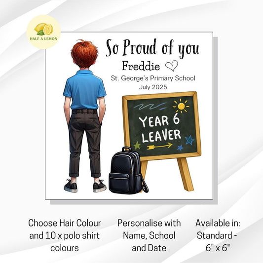 Year 6 Leaver Personalised Card, Blue Top, Red Auburn hair, Add Name, School + date, hair colour/uniform options, End of Term Gift for Boy,