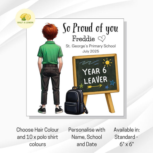 Year 6 Leaver Personalised Card, Green Top, Red Auburn hair, Add Name, School + date, hair colour/uniform options, End of Term Gift for Boy,