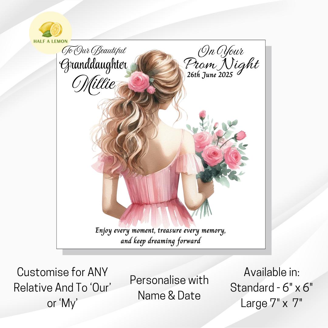 Prom Card for Daughter, Personalised Granddaughter Prom Card, for Niece, Pink Prom Dress, Choose Hair Colour, Prom Gift, Prom Night