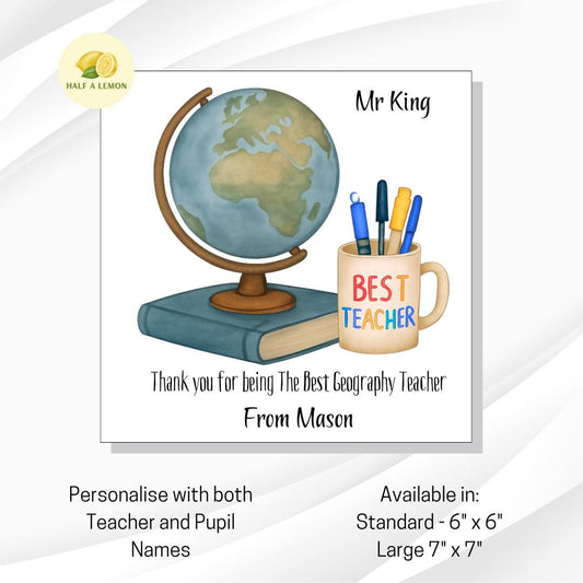 Teacher Thank You Card, Personalised Thank You Geography Teacher Card, Senior School, High School, Secondary School Add Teacher + Pupil Name
