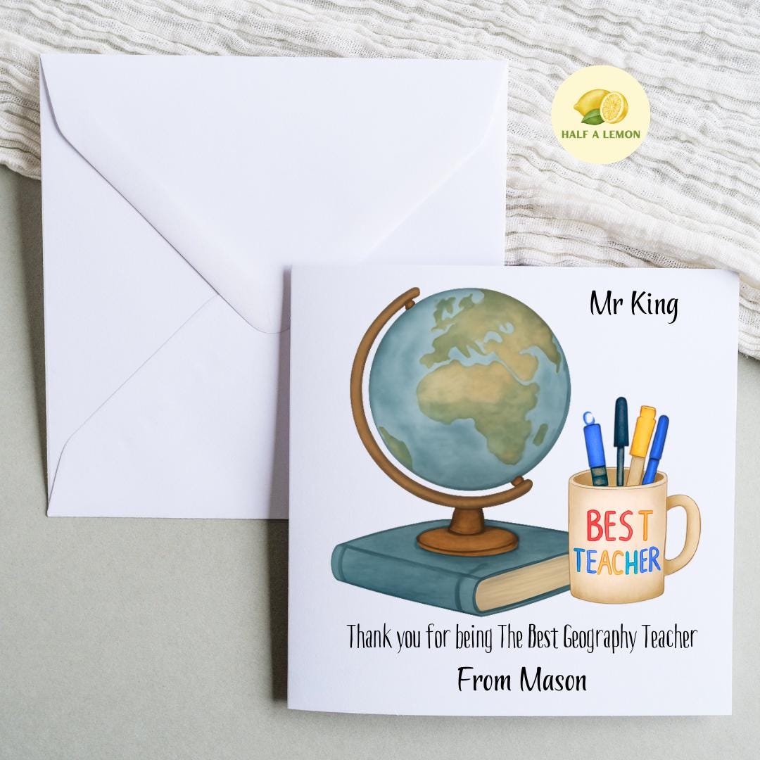 Teacher Thank You Card, Personalised Thank You Geography Teacher Card, Senior School, High School, Secondary School Add Teacher + Pupil Name