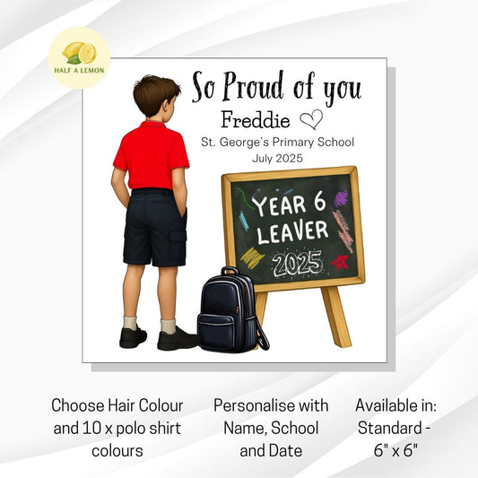 Year 6 Leaver Personalised Card, Choose Hair Colour and Polo Top Colour, Add his Name and School Name, End of Term Gift for Boy, Red Top,