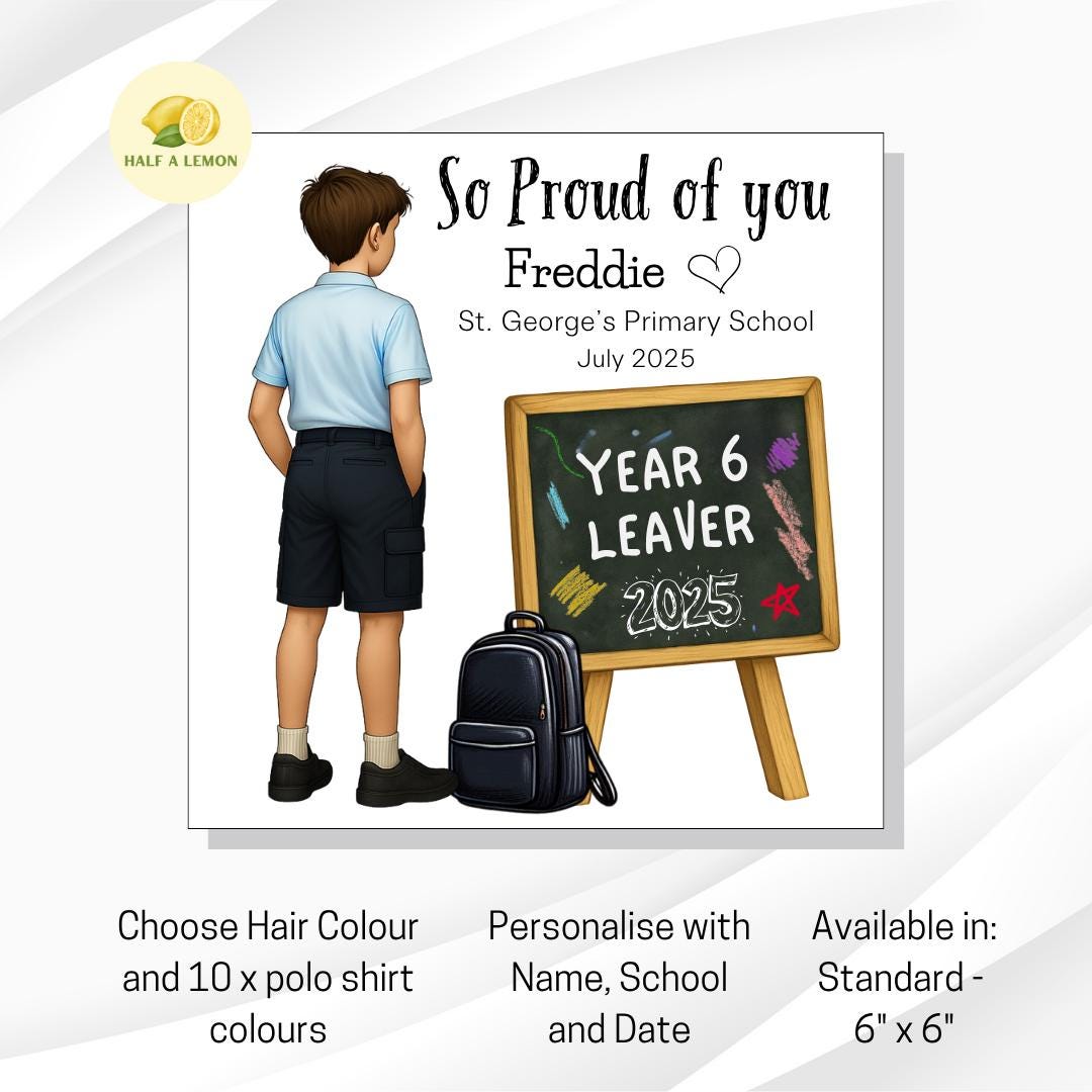 Year 6 Leaver Personalised Card, Choose Hair Colour and Polo Top Colour, Add his Name and School Name, End of Term Gift for Boy, Red Top,