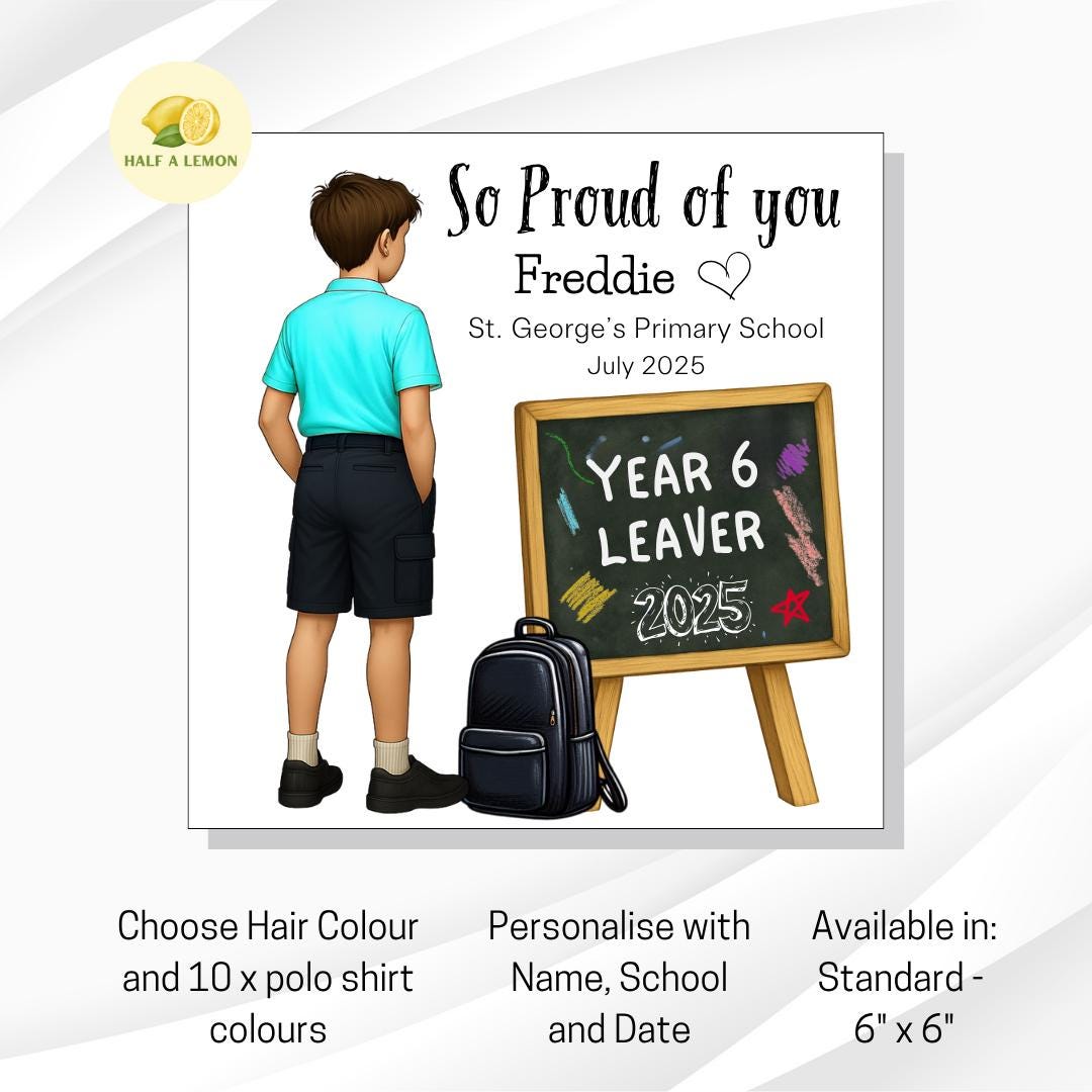 Year 6 Leaver Personalised Card, Choose Hair Colour and Polo Top Colour, Add his Name and School Name, End of Term Gift for Boy, Red Top,