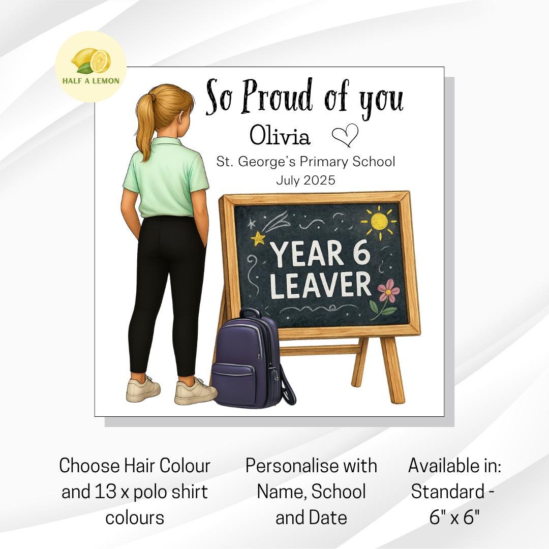 Year 6 Leavers Card, Personalised Year 6 Card, End of Term Gift for Girl, Primary School Leaver, Junior School, Pick Polo Top + Hair Colour,