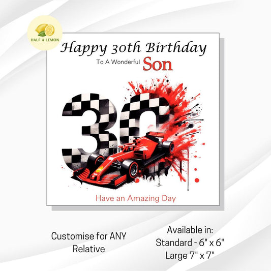 30th Birthday Card, 30th Birthday Card for Son, Brother 30th Birthday Card, for Nephew, Son in-law, 30th Birthday Gift, Formula One, F1 car,