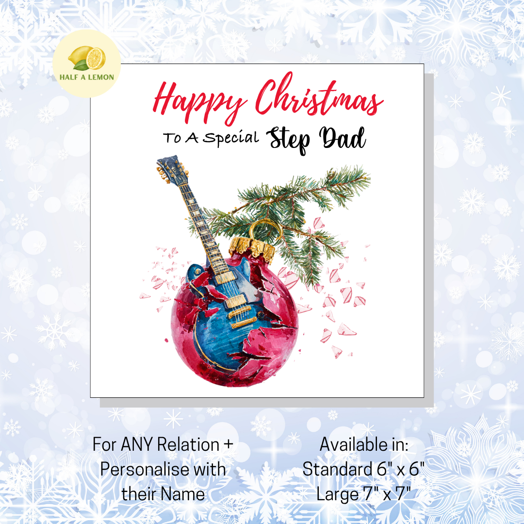 Personalised Electric Guitar Christmas Card For Step Dad, For Any Relation, Gift for Him