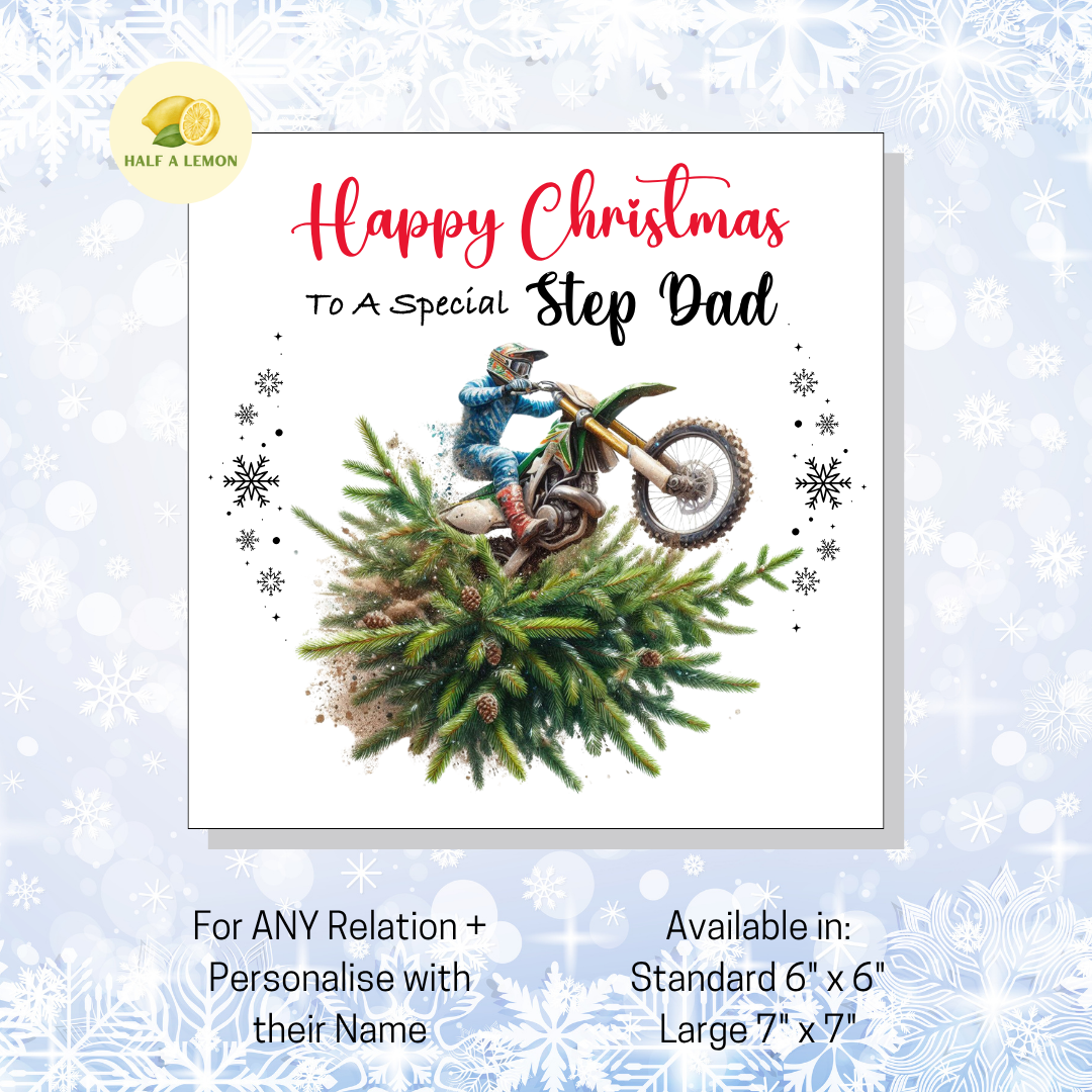 Personalised Dirt Bike and Christmas Tree Christmas Card For Step Dad, For Any Relation, Gift for Him