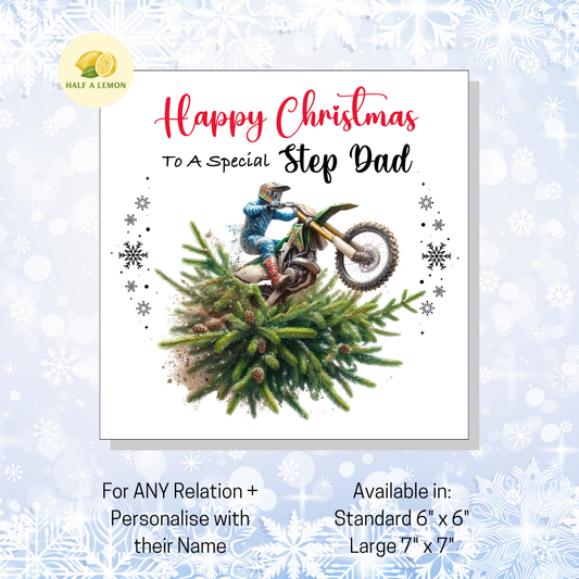 Personalised Dirt Bike and Christmas Tree Christmas Card For Step Dad, For Any Relation, Gift for Him