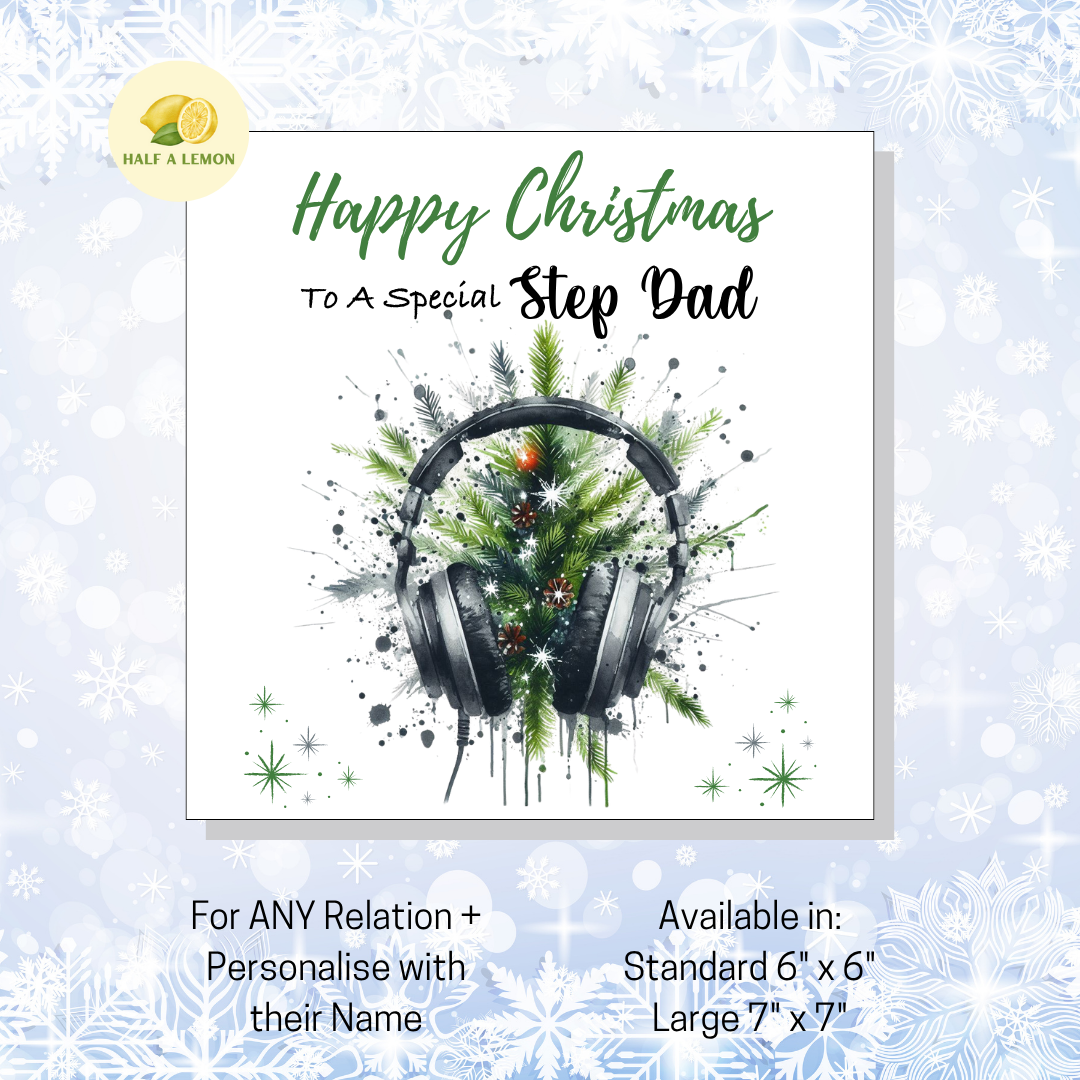 Personalised Headphones and Christmas Tree Christmas Card For Step Dad, For Any Relation, Gift for Him