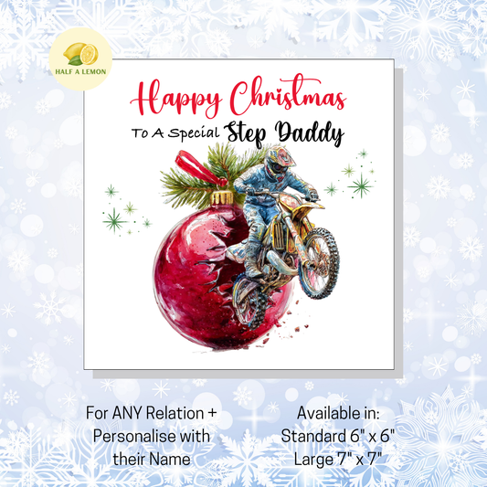 Personalised Dirt Bike and Red Bauble Christmas Card For Step Daddy, For Any Relation, Gift for Him