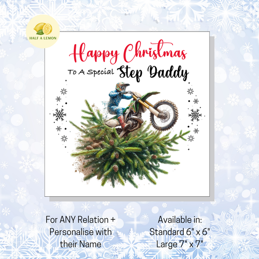 Personalised Dirt Bike and Christmas Tree Christmas Card For Step Daddy, For Any Relation, Gift for Him