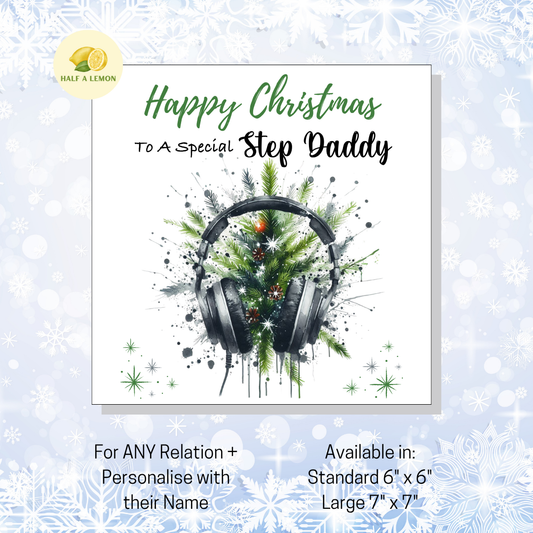 Personalised Headphones and Christmas Tree Christmas Card For Step Daddy, For Any Relation, Gift for Him